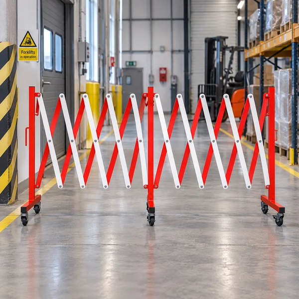 FPA160 red-white-expanding-barrier-warehouse-600×600 - Crowd Control Company UK 3.4m Expanding barricade red white