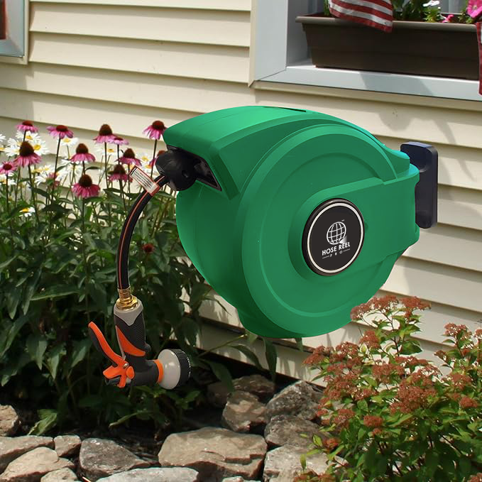uk green hose reel in use