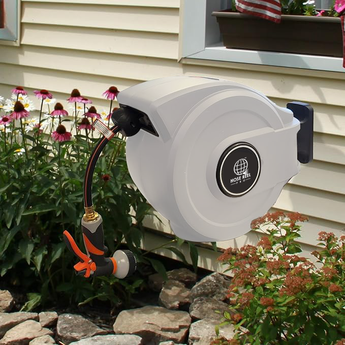 white hose reel in use